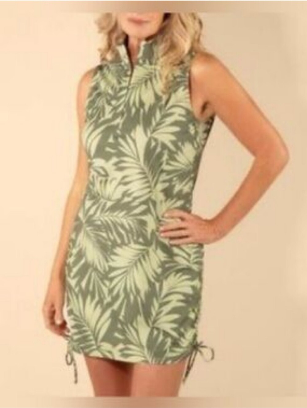 Lands End Sleeveless Swim Coverup Dress Women's M Green Tropical Palm Zip Beach